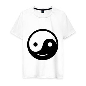Мужская футболка хлопок с принтом Веселый Инь Янь в Екатеринбурге, 100% хлопок | прямой крой, круглый вырез горловины, длина до линии бедер, слегка спущенное плечо. | Тематика изображения на принте: веселый | инь | китай | смайл | улыбка | философия | ян | янь