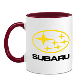 Кружка двухцветная с принтом Subaru Logo в Екатеринбурге, керамика | объем — 330 мл, диаметр — 80 мм. Цветная ручка и кайма сверху, в некоторых цветах — вся внутренняя часть | logo | subaru | автомобиль | логотип | марка | субару