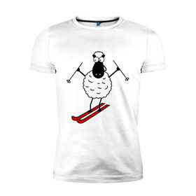 Мужская футболка премиум с принтом Овечка на лыжах в Екатеринбурге, 92% хлопок, 8% лайкра | приталенный силуэт, круглый вырез ворота, длина до линии бедра, короткий рукав | баран | год | гороскоп | зима | китайский | лыжи | новый год | овен | овца | снег