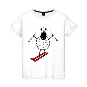 Женская футболка хлопок с принтом Овечка на лыжах в Екатеринбурге, 100% хлопок | прямой крой, круглый вырез горловины, длина до линии бедер, слегка спущенное плечо | баран | год | гороскоп | зима | китайский | лыжи | новый год | овен | овца | снег
