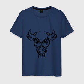 Мужская футболка хлопок с принтом Тату бык в Екатеринбурге, 100% хлопок | прямой крой, круглый вырез горловины, длина до линии бедер, слегка спущенное плечо. | бык | голова | корова | рога | тату