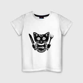 Детская футболка хлопок с принтом Кот хочет кушать в Екатеринбурге, 100% хлопок | круглый вырез горловины, полуприлегающий силуэт, длина до линии бедер | вилка | голод | голодный | кот | котенок | кошка | нож | салфетка