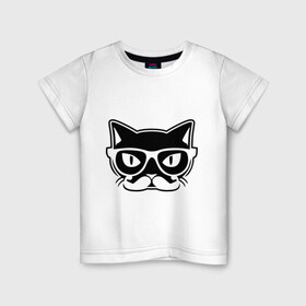 Детская футболка хлопок с принтом Учёный кот в Екатеринбурге, 100% хлопок | круглый вырез горловины, полуприлегающий силуэт, длина до линии бедер | голова | кот | очки | усы | ученый | хипстер