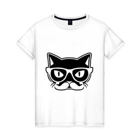 Женская футболка хлопок с принтом Учёный кот в Екатеринбурге, 100% хлопок | прямой крой, круглый вырез горловины, длина до линии бедер, слегка спущенное плечо | голова | кот | очки | усы | ученый | хипстер
