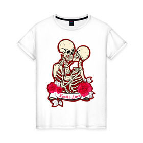Женская футболка хлопок с принтом Вечная любовь в Екатеринбурге, 100% хлопок | прямой крой, круглый вырез горловины, длина до линии бедер, слегка спущенное плечо | скелет