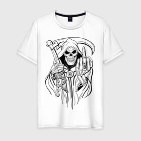 Мужская футболка хлопок с принтом Смерть с косой в Екатеринбурге, 100% хлопок | прямой крой, круглый вырез горловины, длина до линии бедер, слегка спущенное плечо. | скелет