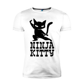 Мужская футболка премиум с принтом Ninja kitty в Екатеринбурге, 92% хлопок, 8% лайкра | приталенный силуэт, круглый вырез ворота, длина до линии бедра, короткий рукав | Тематика изображения на принте: cat | kitty | ninja | киса | кот | котенок | кошка | ниндзя | нинзя