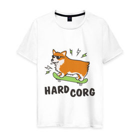Мужская футболка хлопок с принтом Hardcorg в Екатеринбурге, 100% хлопок | прямой крой, круглый вырез горловины, длина до линии бедер, слегка спущенное плечо. | hardcorg | корги | очки | пес | скейт | собаки