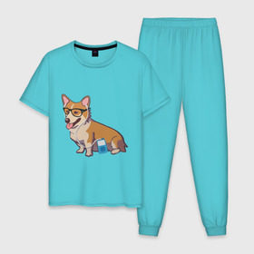 Мужская пижама хлопок с принтом Хипстер Корги в Екатеринбурге, 100% хлопок | брюки и футболка прямого кроя, без карманов, на брюках мягкая резинка на поясе и по низу штанин
 | корги | милота | модник | очки | пес | плеер | собаки | хипстер