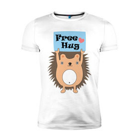 Мужская футболка премиум с принтом Ежик бесплатные обнимашки в Екатеринбурге, 92% хлопок, 8% лайкра | приталенный силуэт, круглый вырез ворота, длина до линии бедра, короткий рукав | Тематика изображения на принте: free hugs | бесплатно | еж | обнимашки
