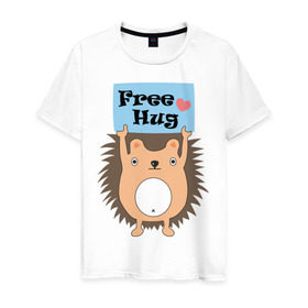 Мужская футболка хлопок с принтом Ежик бесплатные обнимашки в Екатеринбурге, 100% хлопок | прямой крой, круглый вырез горловины, длина до линии бедер, слегка спущенное плечо. | Тематика изображения на принте: free hugs | бесплатно | еж | обнимашки