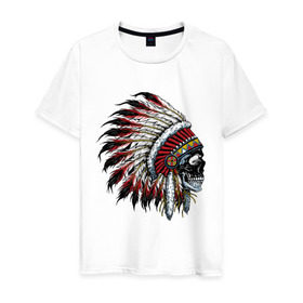 Мужская футболка хлопок с принтом Индеец в Екатеринбурге, 100% хлопок | прямой крой, круглый вырез горловины, длина до линии бедер, слегка спущенное плечо. | индеец | коренной американец | перья | тату | череп