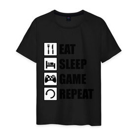 Мужская футболка хлопок с принтом Repeat в Екатеринбурге, 100% хлопок | прямой крой, круглый вырез горловины, длина до линии бедер, слегка спущенное плечо. | eat | game | repeat | sleep | еда | знаки | игры | перезагрузка | сон