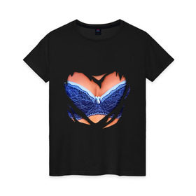 Женская футболка хлопок с принтом Голубой бюстгальтер в Екатеринбурге, 100% хлопок | прямой крой, круглый вырез горловины, длина до линии бедер, слегка спущенное плечо | бантик | бюст | бюстгальтер | грудь | идеальный бюст | лиф | синий лиф | тело