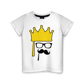 Детская футболка хлопок с принтом Мужская корона и очки в Екатеринбурге, 100% хлопок | круглый вырез горловины, полуприлегающий силуэт, длина до линии бедер | Тематика изображения на принте: король | корона | очки | усы