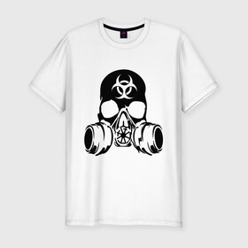 Мужская футболка премиум с принтом Радиоактивность в Екатеринбурге, 92% хлопок, 8% лайкра | приталенный силуэт, круглый вырез ворота, длина до линии бедра, короткий рукав | Тематика изображения на принте: биологическая угроза | противогаз | радиация | респиратор | череп