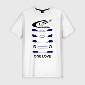 Мужская футболка премиум с принтом One love subaru в Екатеринбурге, 92% хлопок, 8% лайкра | приталенный силуэт, круглый вырез ворота, длина до линии бедра, короткий рукав | Тематика изображения на принте: logo | one love | sti | subaru | авто | лого | субарик | субару