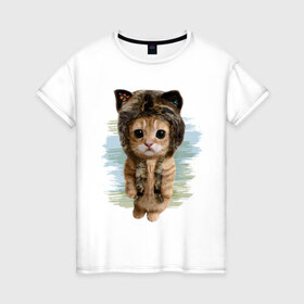 Женская футболка хлопок с принтом Милый котик в Екатеринбурге, 100% хлопок | прямой крой, круглый вырез горловины, длина до линии бедер, слегка спущенное плечо | cat | киса | котик | кошка | милаха | милый котик | шапка