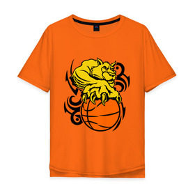 Мужская футболка хлопок Oversize с принтом Тигр с мячом в Екатеринбурге, 100% хлопок | свободный крой, круглый ворот, “спинка” длиннее передней части | Тематика изображения на принте: basketball | баскетбол | мяч | пантера | тигр