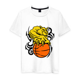 Мужская футболка хлопок с принтом Тигр с мячом в Екатеринбурге, 100% хлопок | прямой крой, круглый вырез горловины, длина до линии бедер, слегка спущенное плечо. | Тематика изображения на принте: basketball | баскетбол | мяч | пантера | тигр