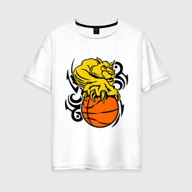 Женская футболка хлопок Oversize с принтом Тигр с мячом в Екатеринбурге, 100% хлопок | свободный крой, круглый ворот, спущенный рукав, длина до линии бедер
 | basketball | баскетбол | мяч | пантера | тигр