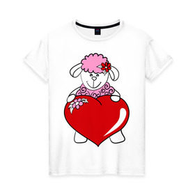 Женская футболка хлопок с принтом Барашек с сердцем в Екатеринбурге, 100% хлопок | прямой крой, круглый вырез горловины, длина до линии бедер, слегка спущенное плечо | 2015 | баран | барашек | коза | козочка | новый год | овечка | овца | рождество | сердце | цветок