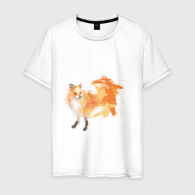 Мужская футболка хлопок с принтом Лиса акварель в Екатеринбурге, 100% хлопок | прямой крой, круглый вырез горловины, длина до линии бедер, слегка спущенное плечо. | fox | акварель | животные | лисы | мило