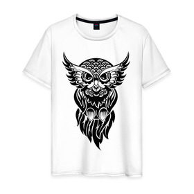 Мужская футболка хлопок с принтом Мудрая сова в Екатеринбурге, 100% хлопок | прямой крой, круглый вырез горловины, длина до линии бедер, слегка спущенное плечо. | 
