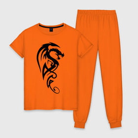 Женская пижама хлопок с принтом Дракон (стильный трайбл) в Екатеринбурге, 100% хлопок | брюки и футболка прямого кроя, без карманов, на брюках мягкая резинка на поясе и по низу штанин | dragon | tattoo | дракон | тату | трайбл