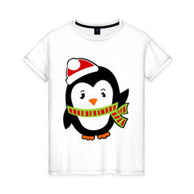 Женская футболка хлопок с принтом Зимний пингвинчик в Екатеринбурге, 100% хлопок | прямой крой, круглый вырез горловины, длина до линии бедер, слегка спущенное плечо | пингвин