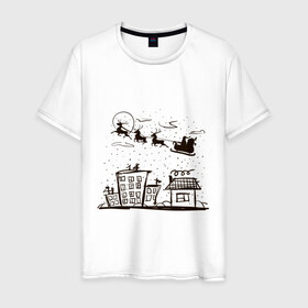 Мужская футболка хлопок с принтом Санта в Екатеринбурге, 100% хлопок | прямой крой, круглый вырез горловины, длина до линии бедер, слегка спущенное плечо. | 2015 | дом | новый год | олень | праздник | санта | снег