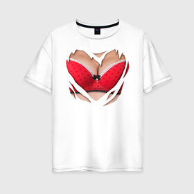 Женская футболка хлопок Oversize с принтом Красный бюст в Екатеринбурге, 100% хлопок | свободный крой, круглый ворот, спущенный рукав, длина до линии бедер
 | 2015 | бюст | бюстгальтер | костюм | красный бюст | лифон | лифчик | новый год | праздник