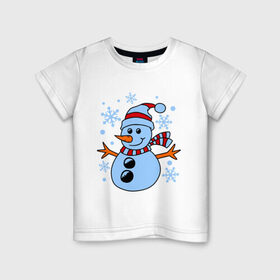Детская футболка хлопок с принтом Снеговичок в Екатеринбурге, 100% хлопок | круглый вырез горловины, полуприлегающий силуэт, длина до линии бедер | Тематика изображения на принте: зима | новый год | снег | снеговик