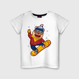 Детская футболка хлопок с принтом Мишка сноубордист в Екатеринбурге, 100% хлопок | круглый вырез горловины, полуприлегающий силуэт, длина до линии бедер | борд | медведь | мишка | снег | снежинки | сноуборд | сноубордист