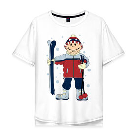 Мужская футболка хлопок Oversize с принтом Лыжник в Екатеринбурге, 100% хлопок | свободный крой, круглый ворот, “спинка” длиннее передней части | Тематика изображения на принте: лыжи | лыжник | палки | снег | снежинки | спорт