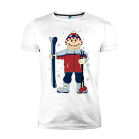 Мужская футболка премиум с принтом Лыжник в Екатеринбурге, 92% хлопок, 8% лайкра | приталенный силуэт, круглый вырез ворота, длина до линии бедра, короткий рукав | Тематика изображения на принте: лыжи | лыжник | палки | снег | снежинки | спорт