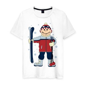 Мужская футболка хлопок с принтом Лыжник в Екатеринбурге, 100% хлопок | прямой крой, круглый вырез горловины, длина до линии бедер, слегка спущенное плечо. | Тематика изображения на принте: лыжи | лыжник | палки | снег | снежинки | спорт