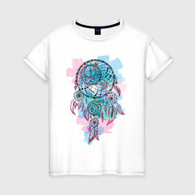 Женская футболка хлопок с принтом Ловец снов в Екатеринбурге, 100% хлопок | прямой крой, круглый вырез горловины, длина до линии бедер, слегка спущенное плечо | амулет | ловец снов | оберег | перо | перья | сон
