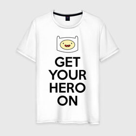 Мужская футболка хлопок с принтом Get your hero on в Екатеринбурге, 100% хлопок | прямой крой, круглый вырез горловины, длина до линии бедер, слегка спущенное плечо. | adventure time | время приключений | финн