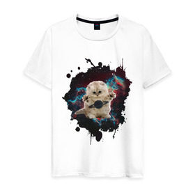 Мужская футболка хлопок с принтом Космокот в Екатеринбурге, 100% хлопок | прямой крой, круглый вырез горловины, длина до линии бедер, слегка спущенное плечо. | infinite | interstellar | space | univers | астронавт | вселенная | интерстеллар | космонавт | кот | котенок | сатурн