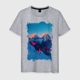 Мужская футболка хлопок с принтом Снежные горы в Екатеринбурге, 100% хлопок | прямой крой, круглый вырез горловины, длина до линии бедер, слегка спущенное плечо. | пейзаж | рассвет