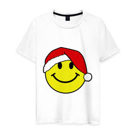 Мужская футболка хлопок с принтом Новогодняя рожица в Екатеринбурге, 100% хлопок | прямой крой, круглый вырез горловины, длина до линии бедер, слегка спущенное плечо. | new year | smile | новый год | смайл