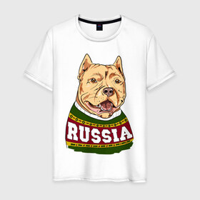 Мужская футболка хлопок с принтом Собака made in Russia в Екатеринбурге, 100% хлопок | прямой крой, круглый вырез горловины, длина до линии бедер, слегка спущенное плечо. | 