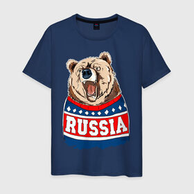 Мужская футболка хлопок с принтом Медведь made in Russia в Екатеринбурге, 100% хлопок | прямой крой, круглый вырез горловины, длина до линии бедер, слегка спущенное плечо. | Тематика изображения на принте: made in russia | mountain | russia | кофта | медведь | мишка | патриот | россия | свитер