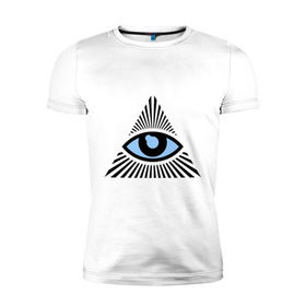 Мужская футболка премиум с принтом Всевидящее око (глаз в треугольнике) в Екатеринбурге, 92% хлопок, 8% лайкра | приталенный силуэт, круглый вырез ворота, длина до линии бедра, короткий рукав | Тематика изображения на принте: иллюминаты