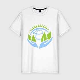Мужская футболка премиум с принтом Планету нужно беречь в Екатеринбурге, 92% хлопок, 8% лайкра | приталенный силуэт, круглый вырез ворота, длина до линии бедра, короткий рукав | green peace | гринпис | забота | охрана | планета | природа
