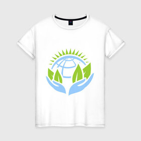 Женская футболка хлопок с принтом Планету нужно беречь в Екатеринбурге, 100% хлопок | прямой крой, круглый вырез горловины, длина до линии бедер, слегка спущенное плечо | green peace | гринпис | забота | охрана | планета | природа