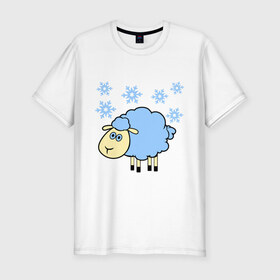 Мужская футболка премиум с принтом Овечка и снег в Екатеринбурге, 92% хлопок, 8% лайкра | приталенный силуэт, круглый вырез ворота, длина до линии бедра, короткий рукав | 2015 | new year | новый год | овца | снег | снежинки