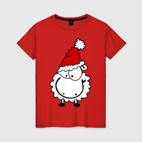 Женская футболка хлопок с принтом Счастливая овечка в Екатеринбурге, 100% хлопок | прямой крой, круглый вырез горловины, длина до линии бедер, слегка спущенное плечо | 2015 | new year | новый год | овечка | овца | счастье