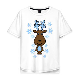 Мужская футболка хлопок Oversize с принтом Милый олень и снежинки в Екатеринбурге, 100% хлопок | свободный крой, круглый ворот, “спинка” длиннее передней части | new year | новый год | олень | снег | снежинки